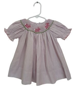 Petit Bebe Girls Pink Bunny Hand Smocked Dress 6M Easter Striped